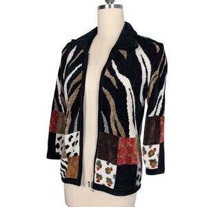 Vintage Cache Cardigan Sweater Full Zip Animal Print Velour Mob Wife Black Tan M